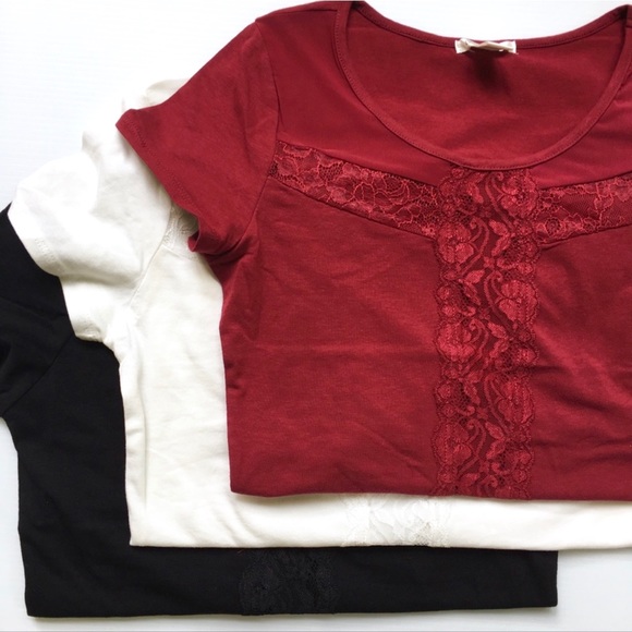 NWOT Burgundy Sheer Lace Mesh Cutout Fitted Tee - Picture 13 of 13